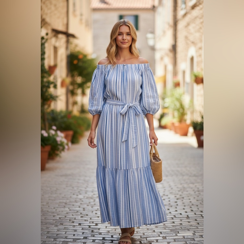 TOMMY BAHAMA Island Gauze Blue White Villa Solstice OTS Midi Dress Small NWT